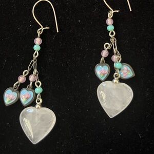 🆕Lucy Isaacs Handmade 925 Silver, Rose Quartz & Cloisonné Heart Dangle Earrings